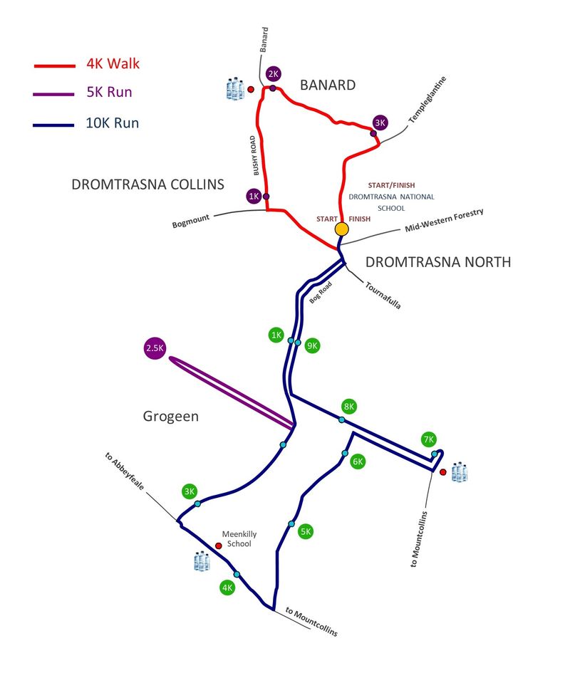 Dromtrasna Challenge route map showing 10K, 5K, 4K Walk, and Kids Run routes